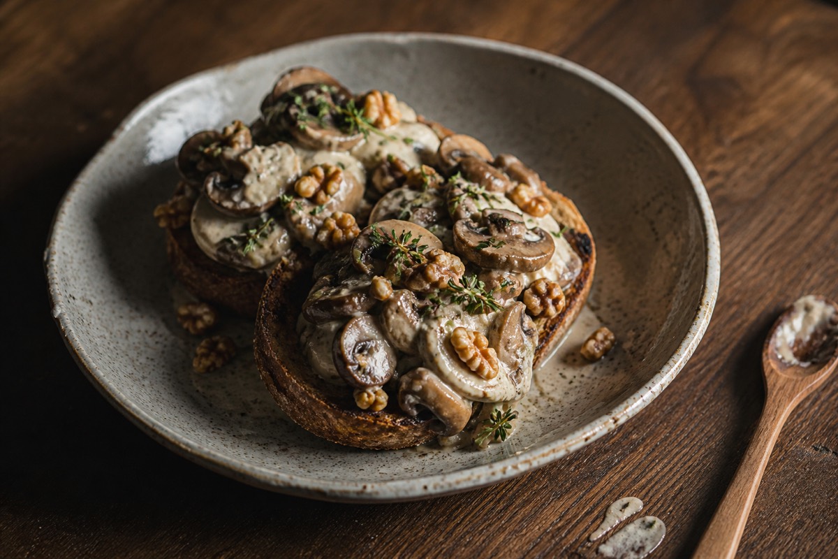 Creamy mushroom & thyme toasts with walnuts