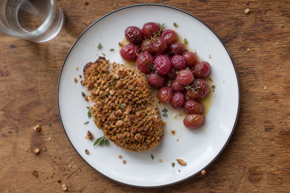 Walnut-crusted chicken with roast grapes