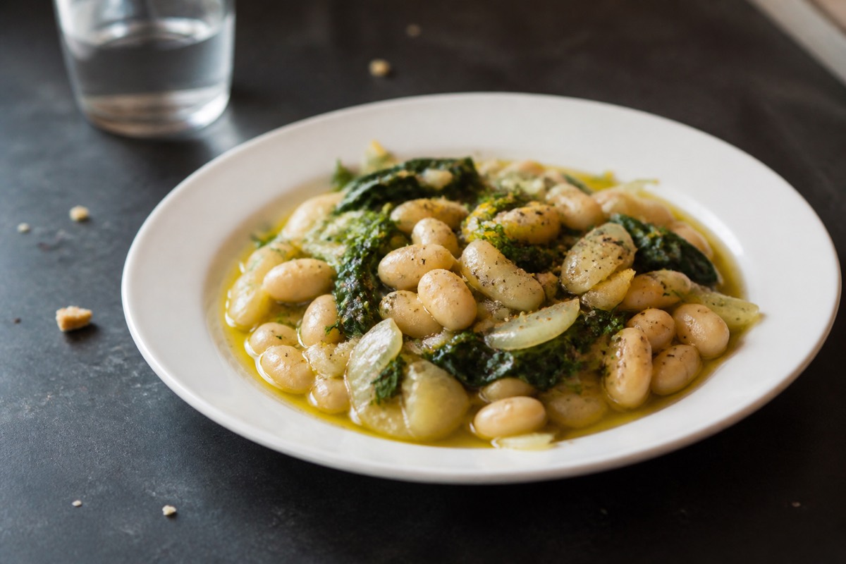 Olive oil braised beans, fennel & greens