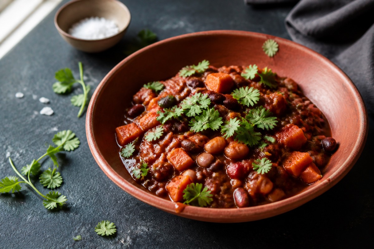 Smoky three-bean & sweet potato chilli