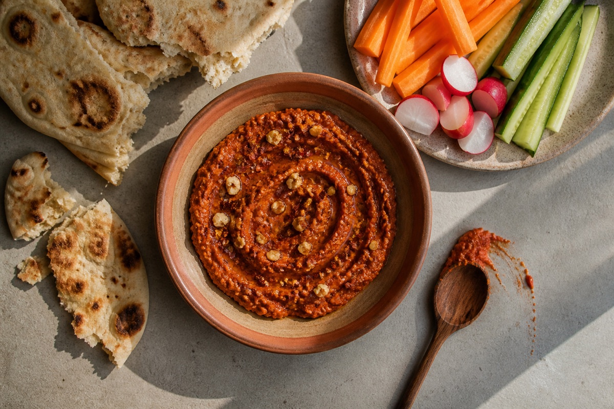 Muhammara with warm flatbreads & crudites