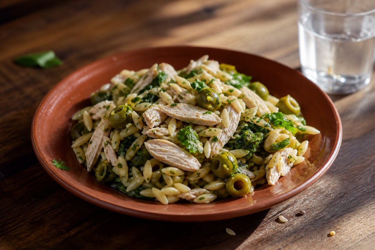 Herby chicken, orzo & green olive salad