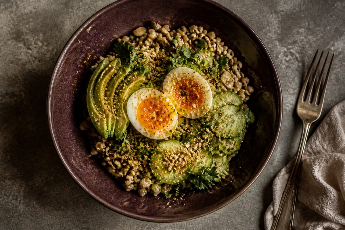 Dukkah eggs & avocado grain bowl