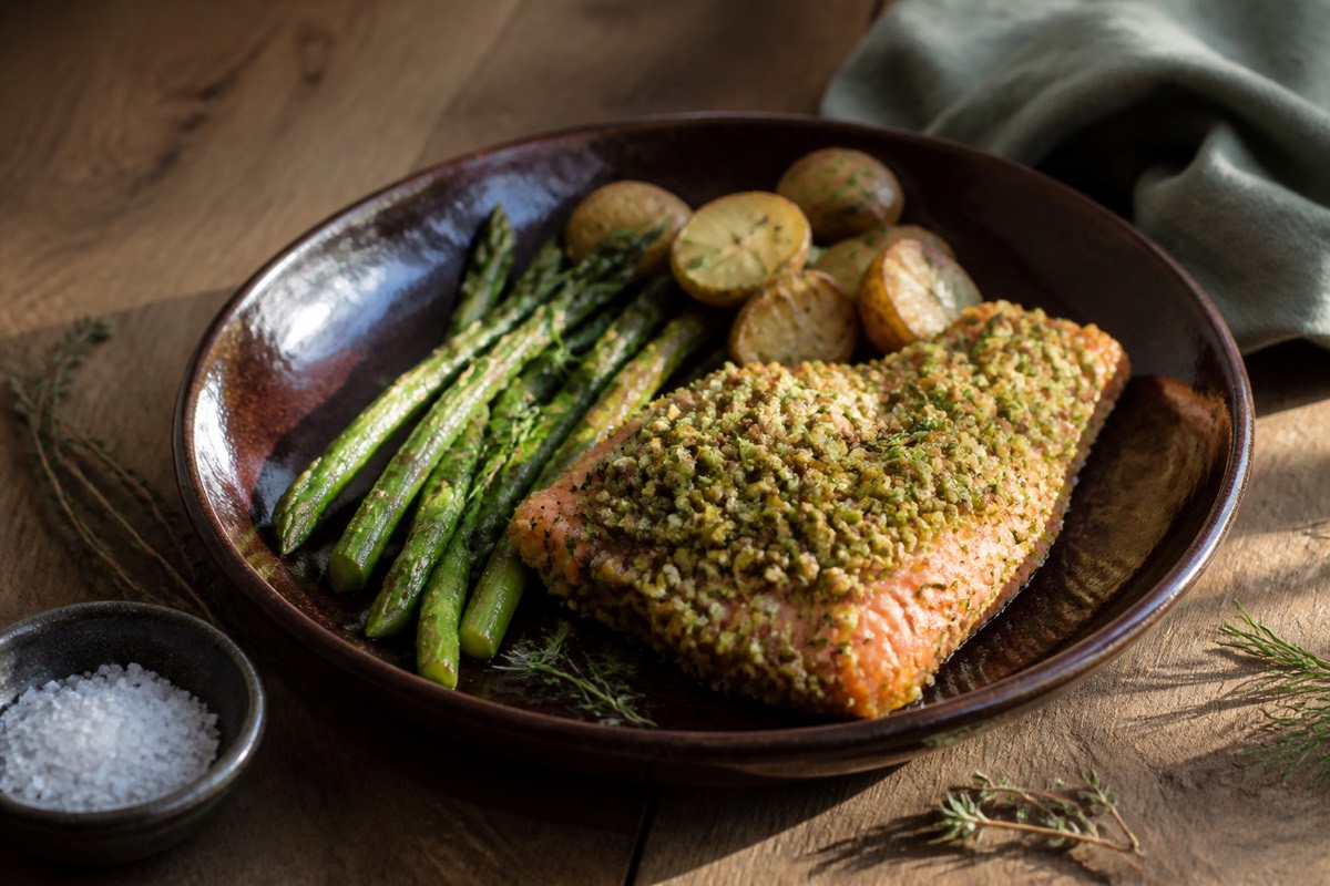 Pistachio-crusted trout with asparagus