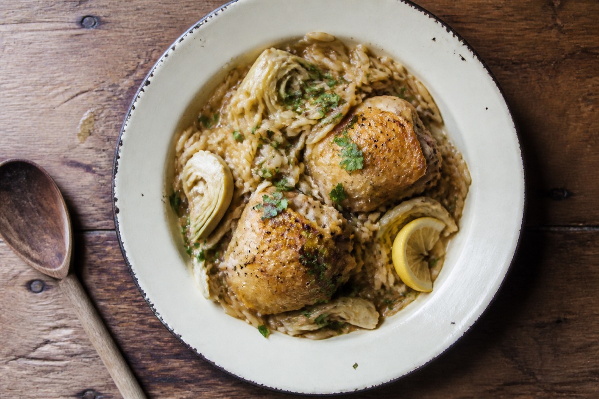 Lemon chicken skillet with artichokes & orzo
