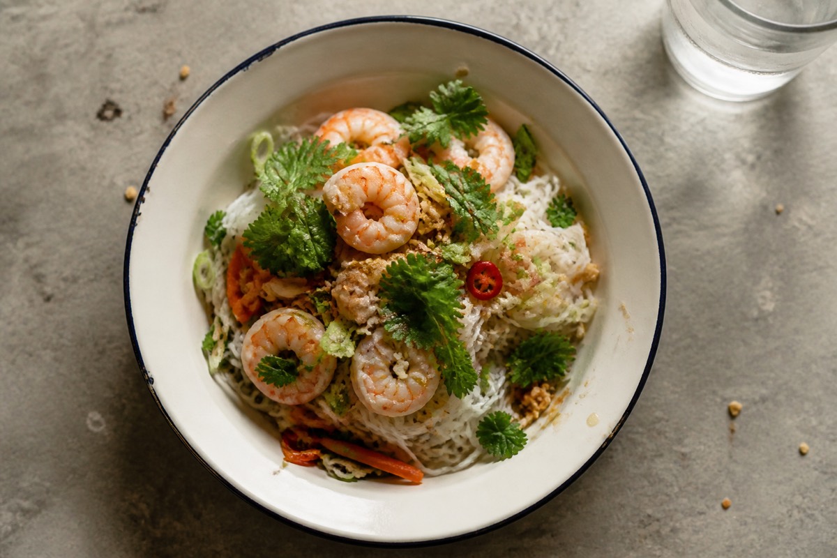 Cold rice noodle salad with prawns & herbs