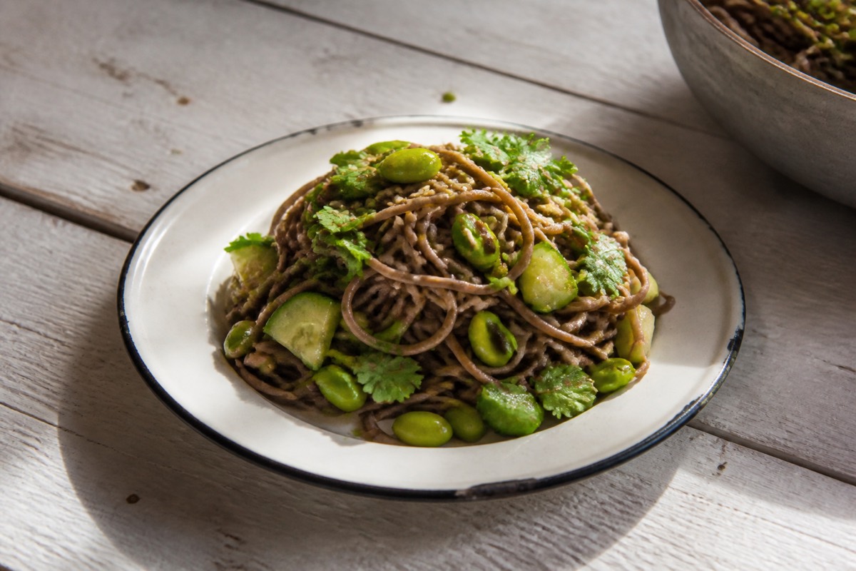 Chilled sesame soba with cucumber & edamame