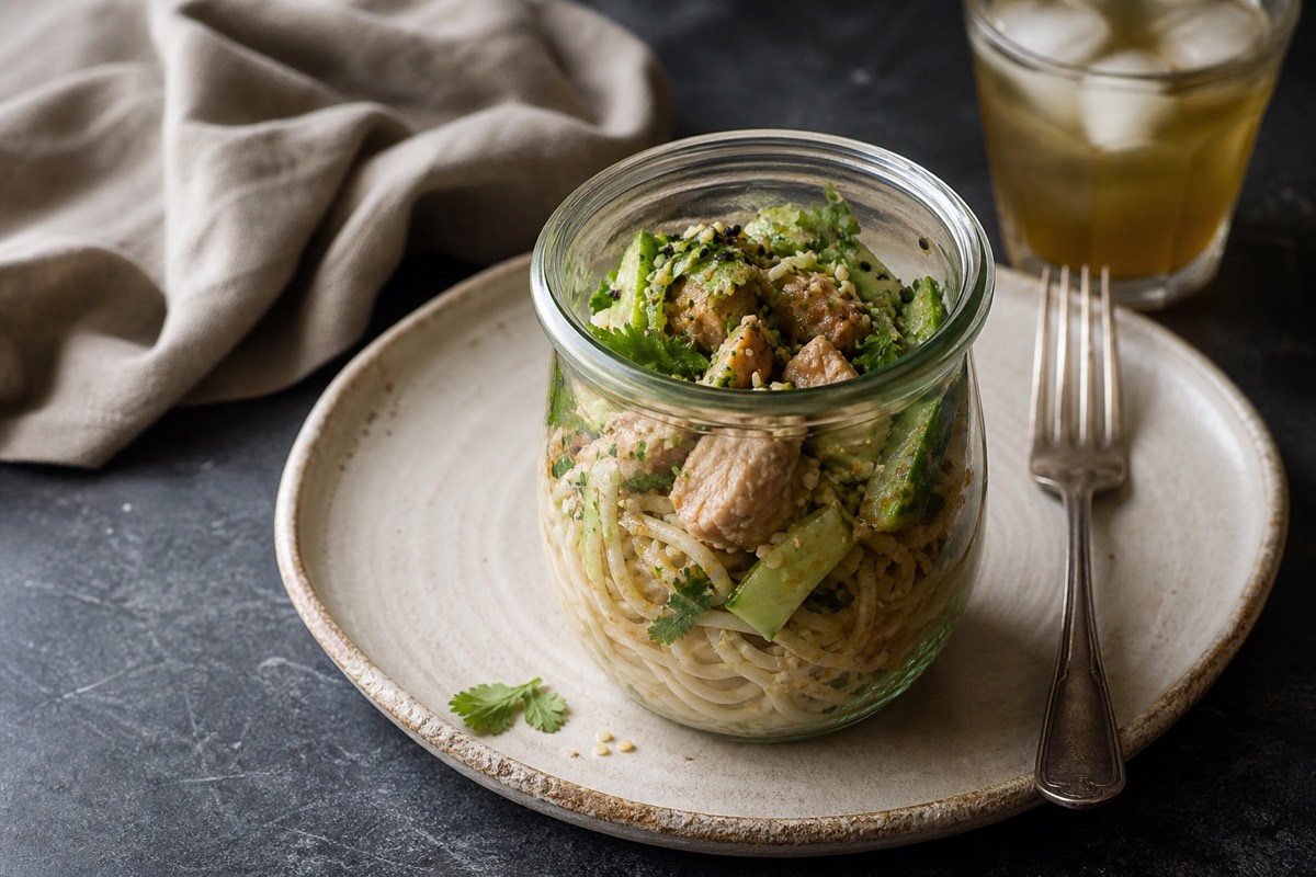 Green tea-dressed chicken & noodle jars