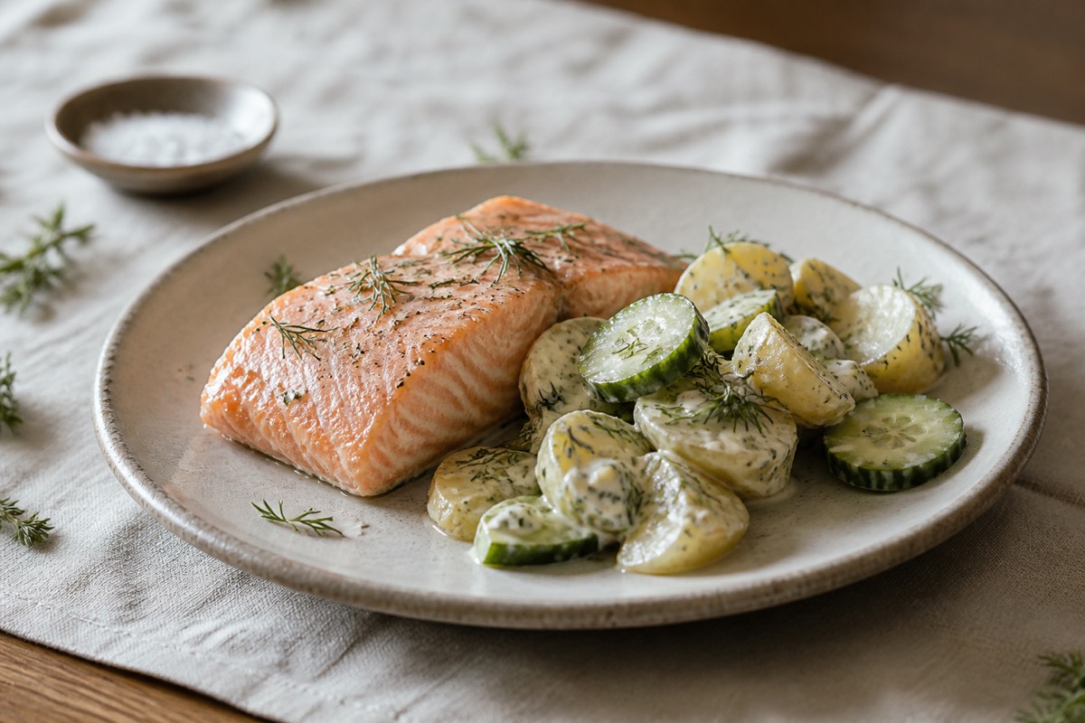 Cold poached salmon with cucumber & new potato salad