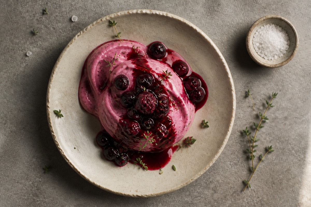 Instant frozen yogurt with warm berry sauce