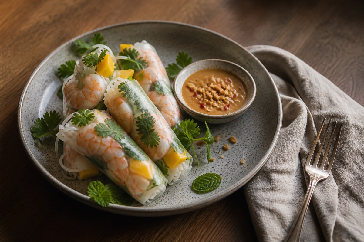 Prawn & mango summer rolls with peanut dip