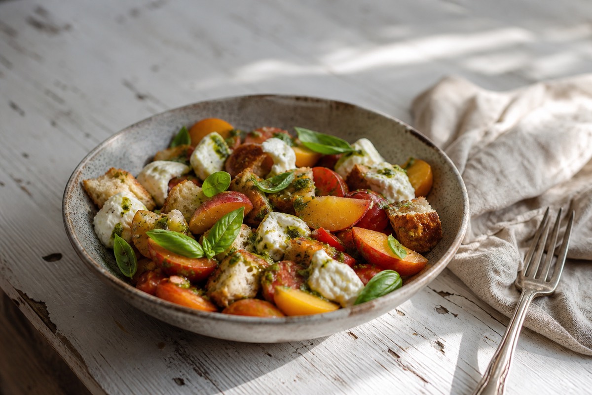 Tomato, peach & mozzarella panzanella