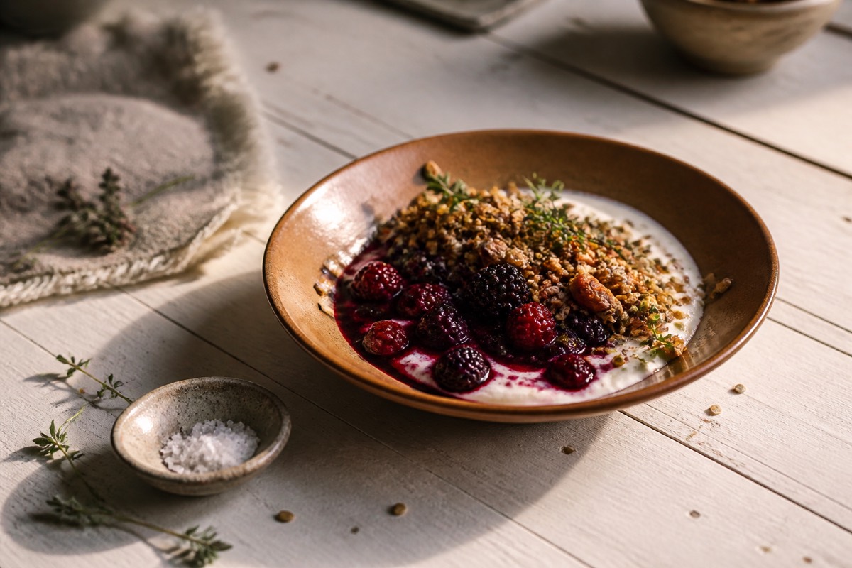 Kefir bowl with warm berries & granola