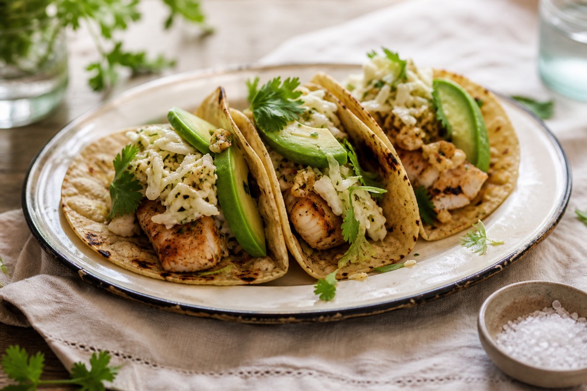 Grilled fish tacos with fermented slaw