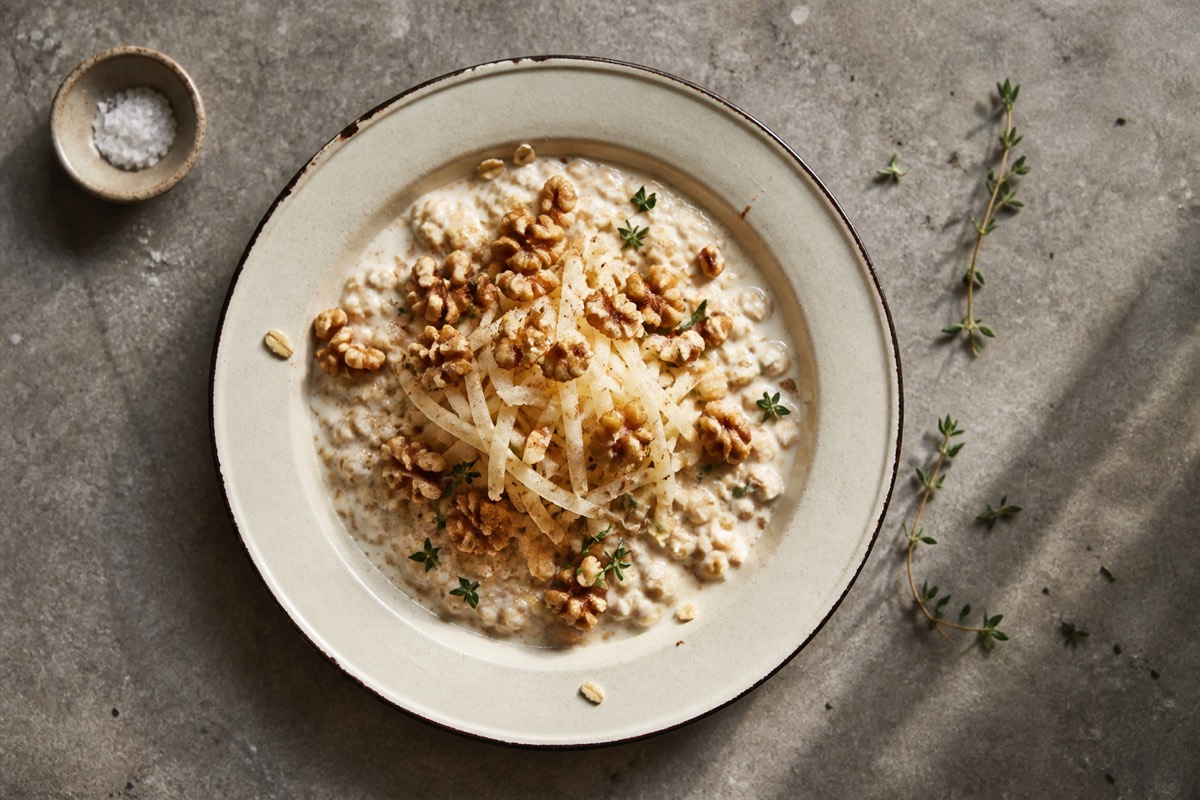 Kefir bircher with grated pear & walnuts