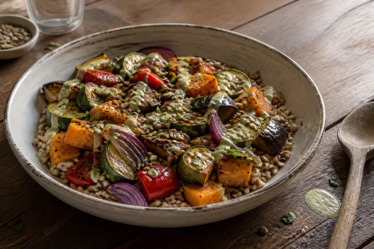 Roast vegetable & farro bowl with green tahini