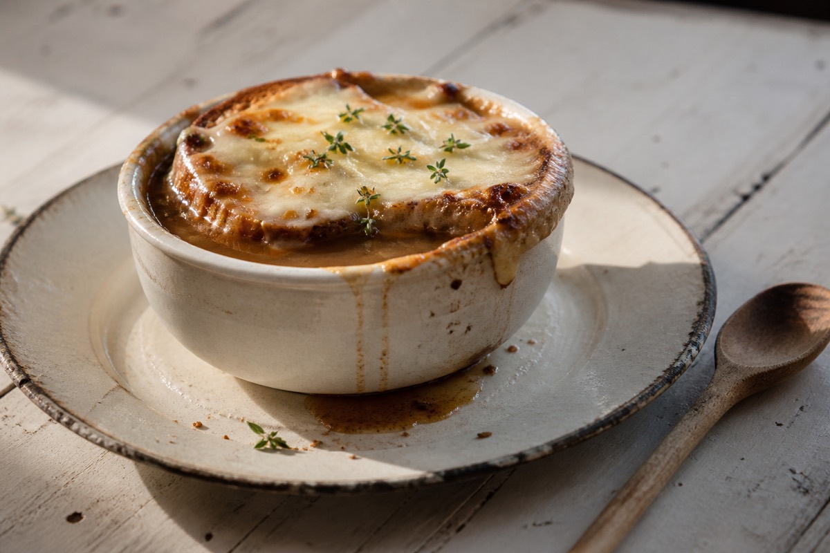 Miso French onion soup with Gruyere toast