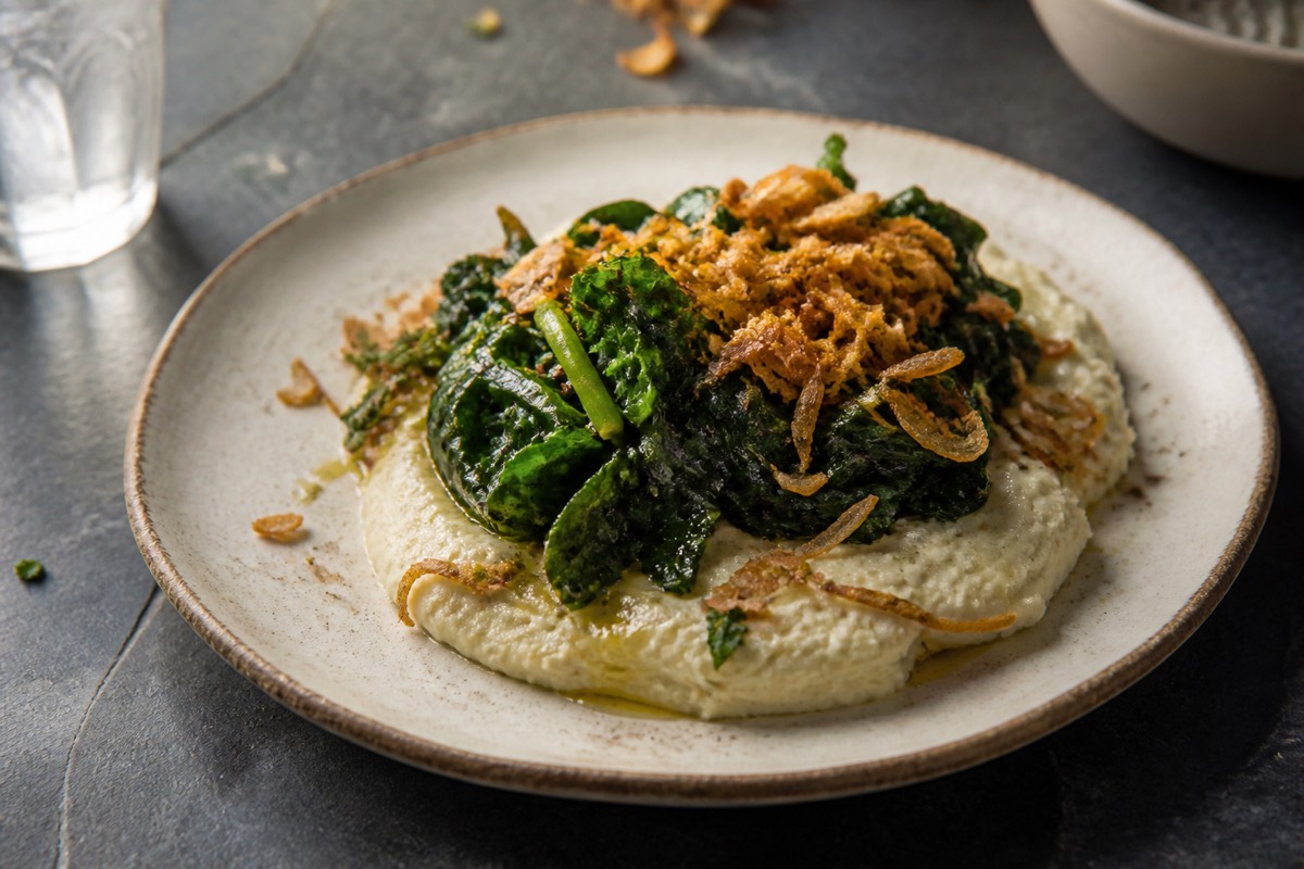 Garlicky greens & butter bean mash with crispy onions