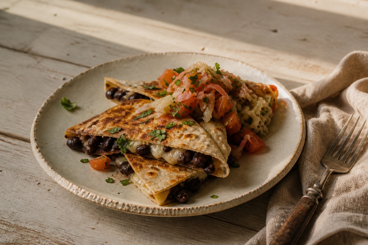 Black bean quesadillas with quick kraut salsa