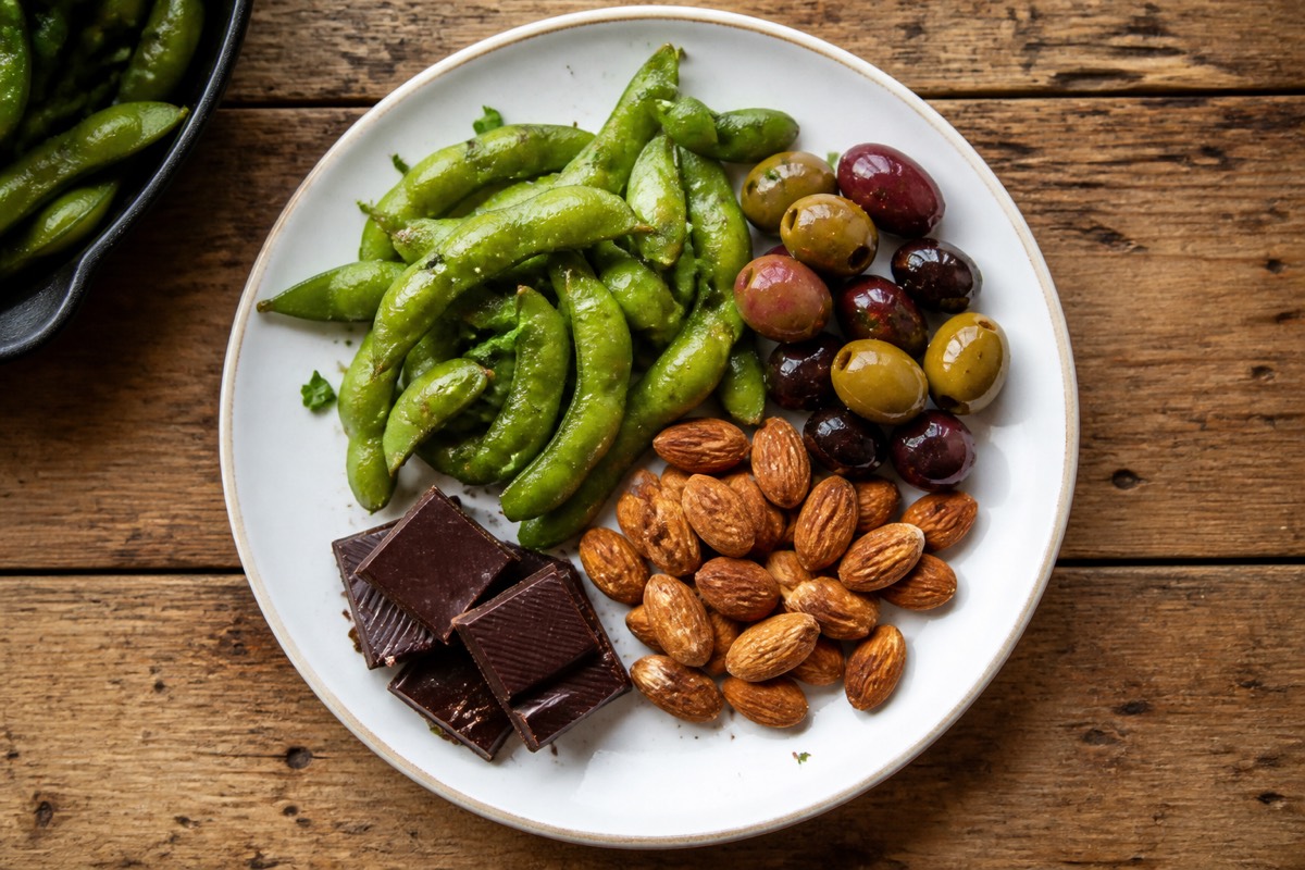 Edamame, olives & almond snack board