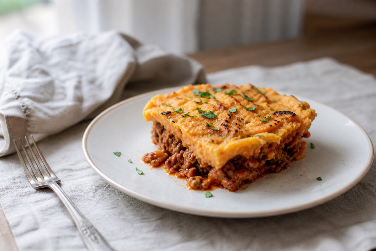 Soya mince cottage pie with root mash