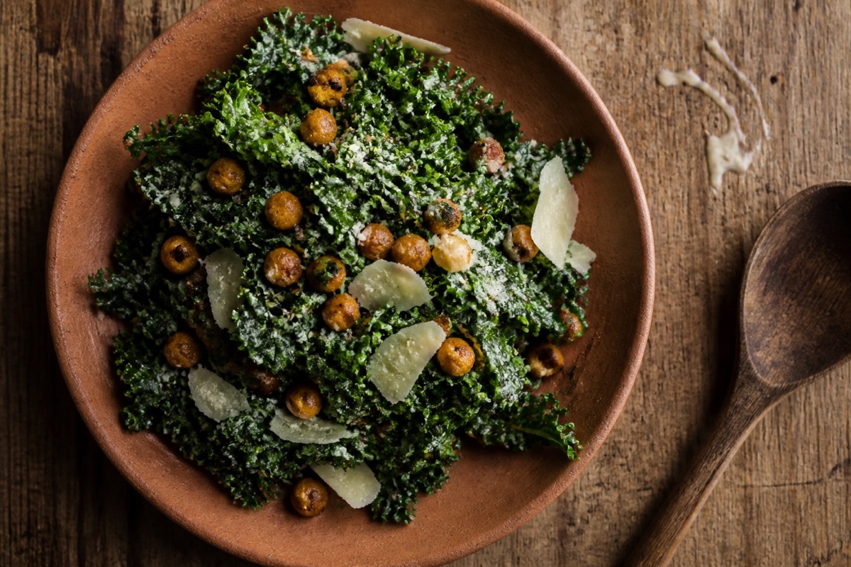 Kale Caesar with chickpea croutons