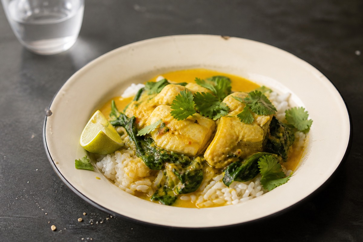 Golden coconut fish curry with spinach