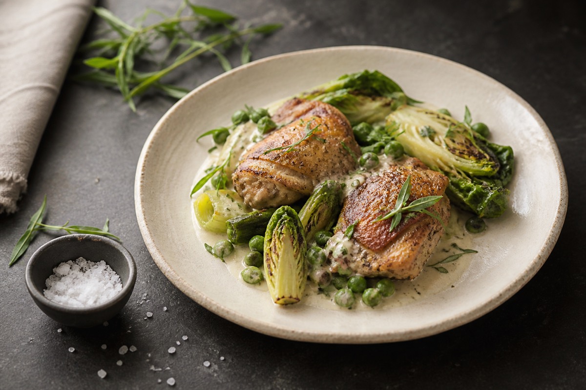 Spring chicken with tarragon & little gems