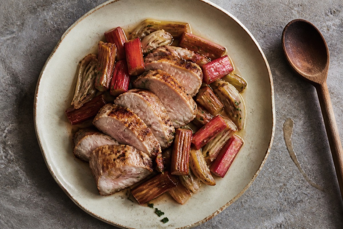 Pork tenderloin with roasted rhubarb & fennel