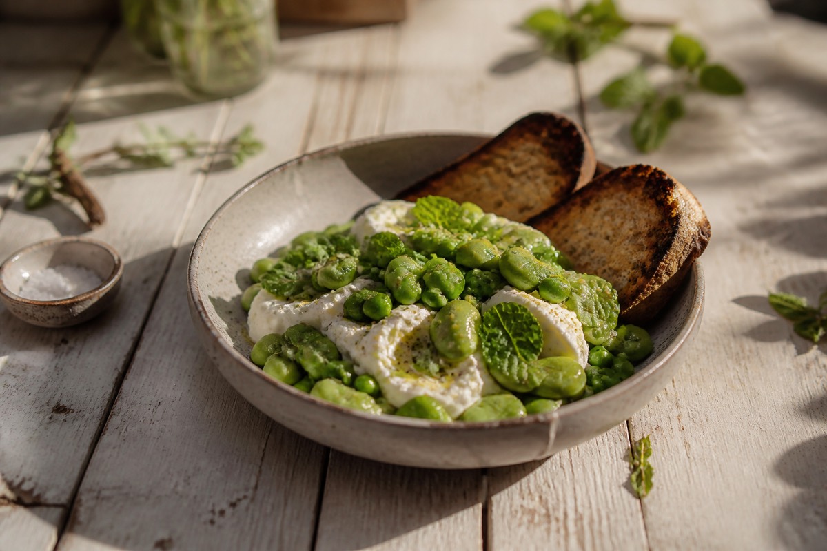 Broad bean, pea & burrata plates with mint