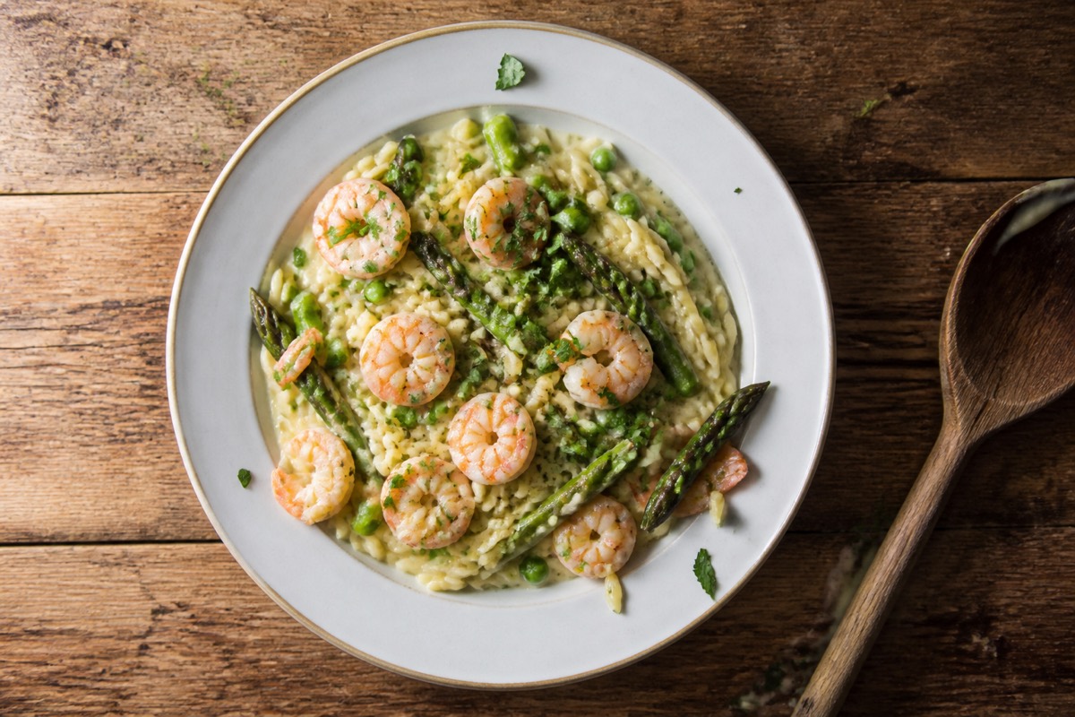 One-pan prawn & asparagus orzo
