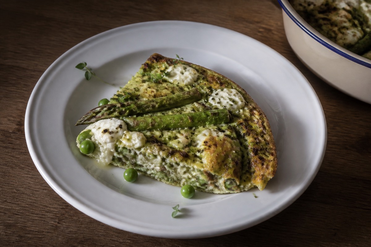 Asparagus, pea & goat's cheese frittata