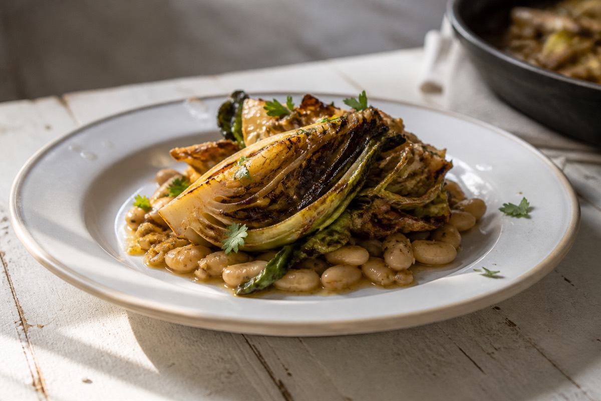 Miso-glazed hispi cabbage with butter beans
