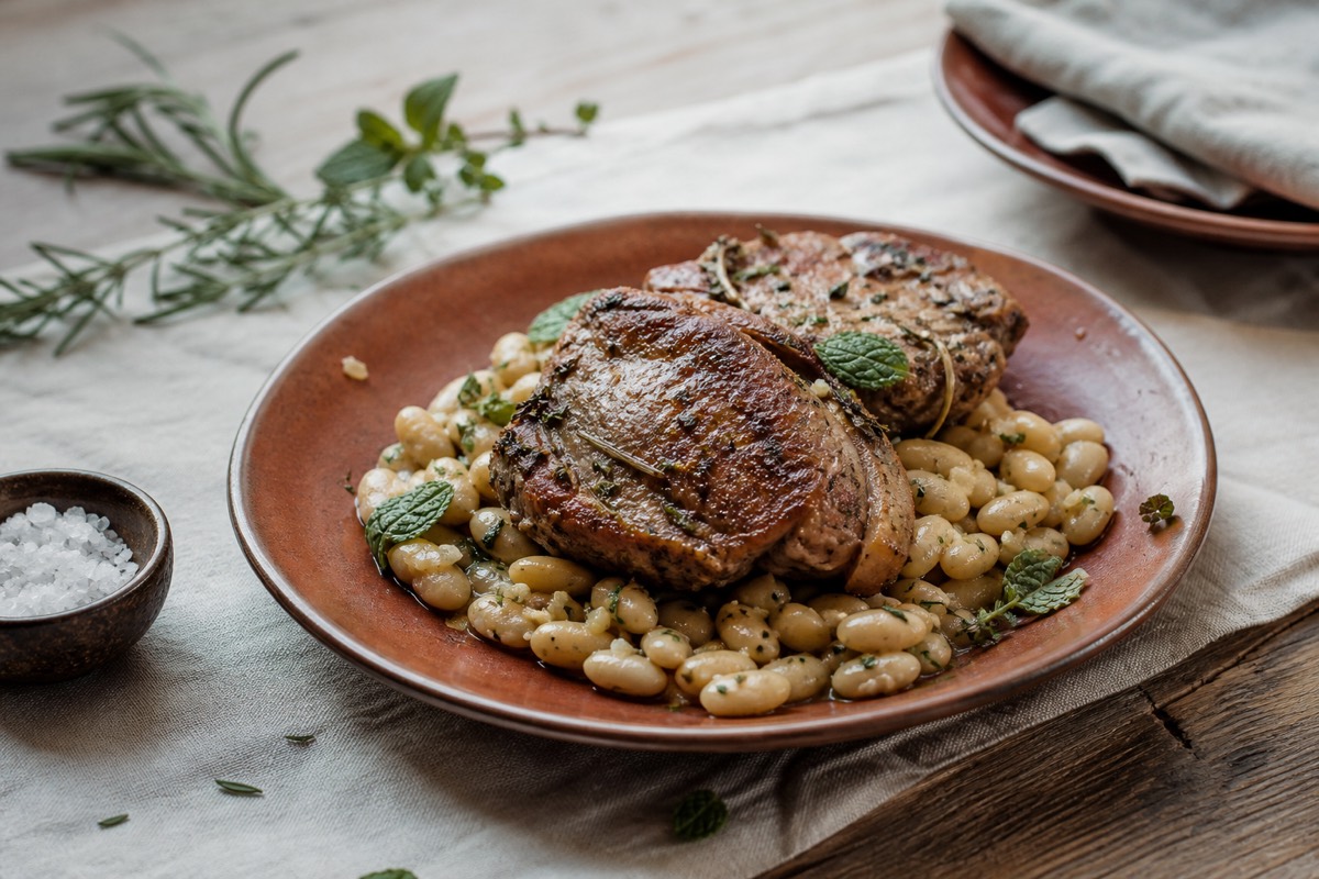 Lamb leg steaks with flageolet beans & mint