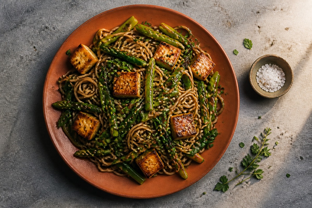 Sesame tofu noodles with spring vegetables