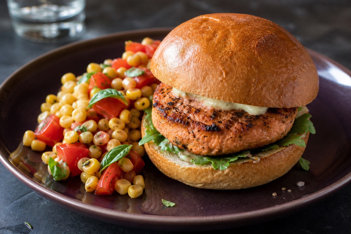 Grilled salmon burgers with corn & tomato salad