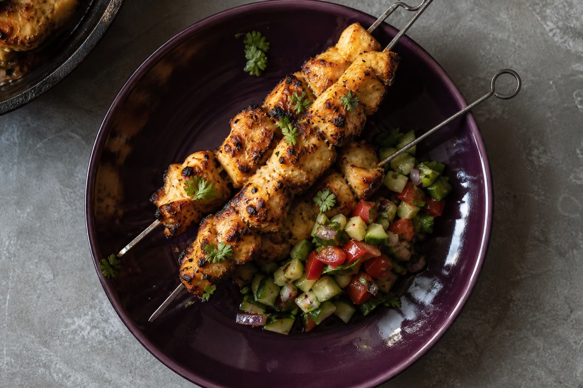 Tandoori fish skewers with kachumber
