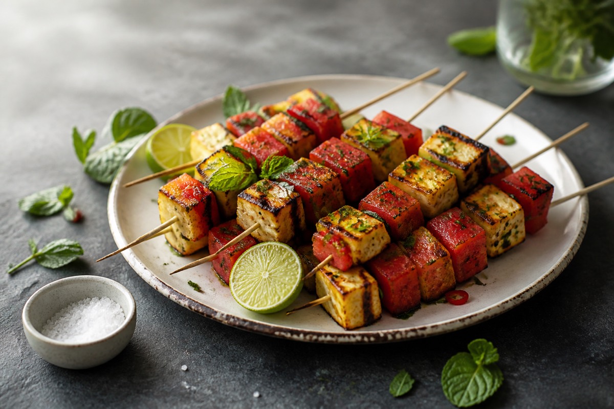 Grilled halloumi & watermelon skewers with lime