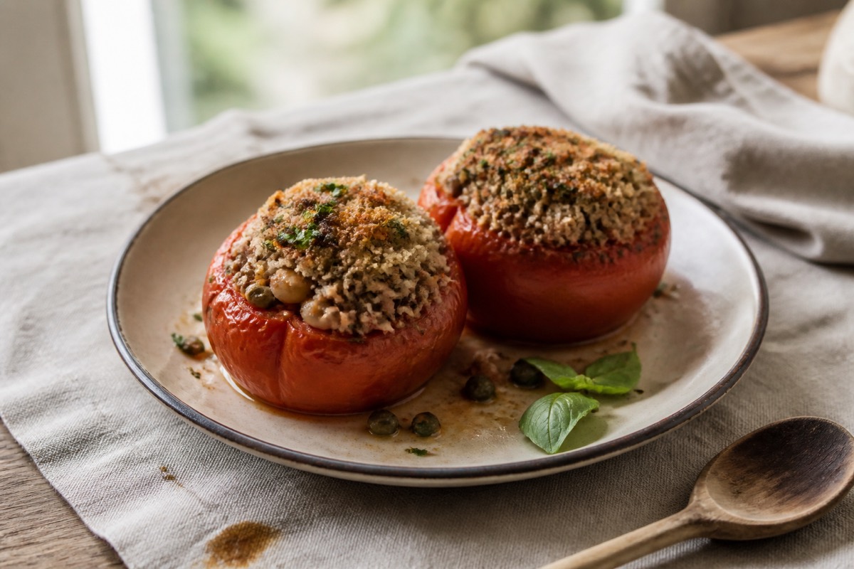 Tuna-stuffed beef tomatoes with basil crumbs