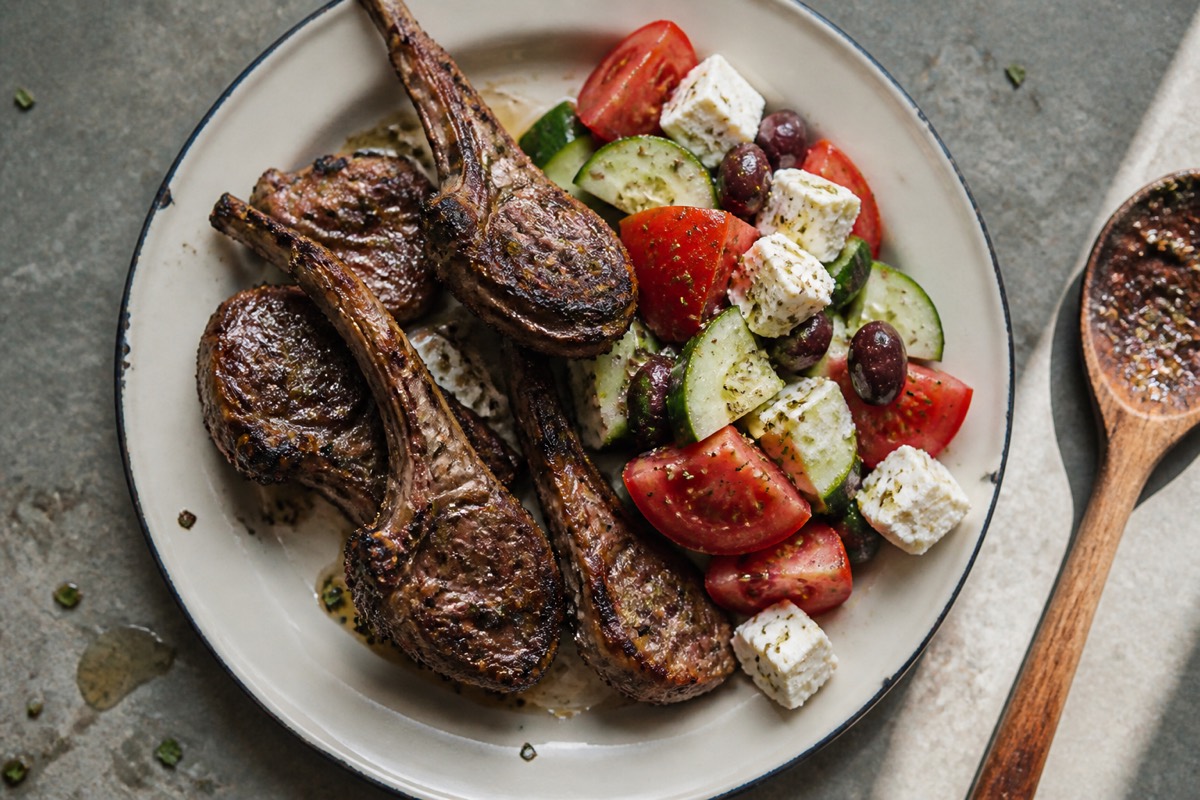 BBQ oregano lamb chops with proper Greek salad