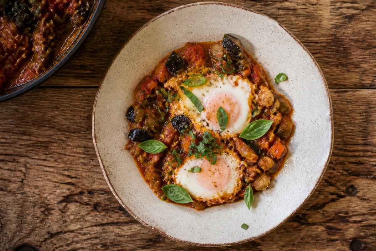 Ratatouille with baked eggs & basil