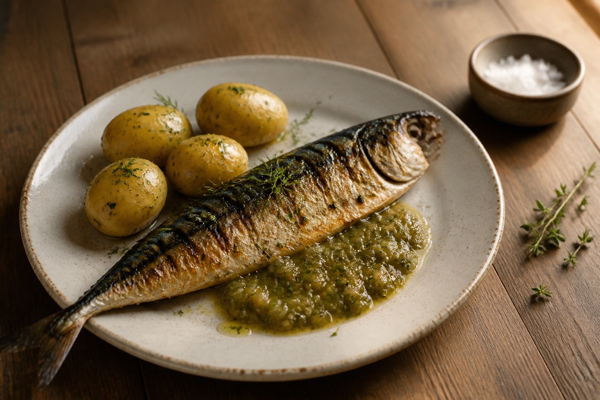 Grilled mackerel with gooseberry sauce
