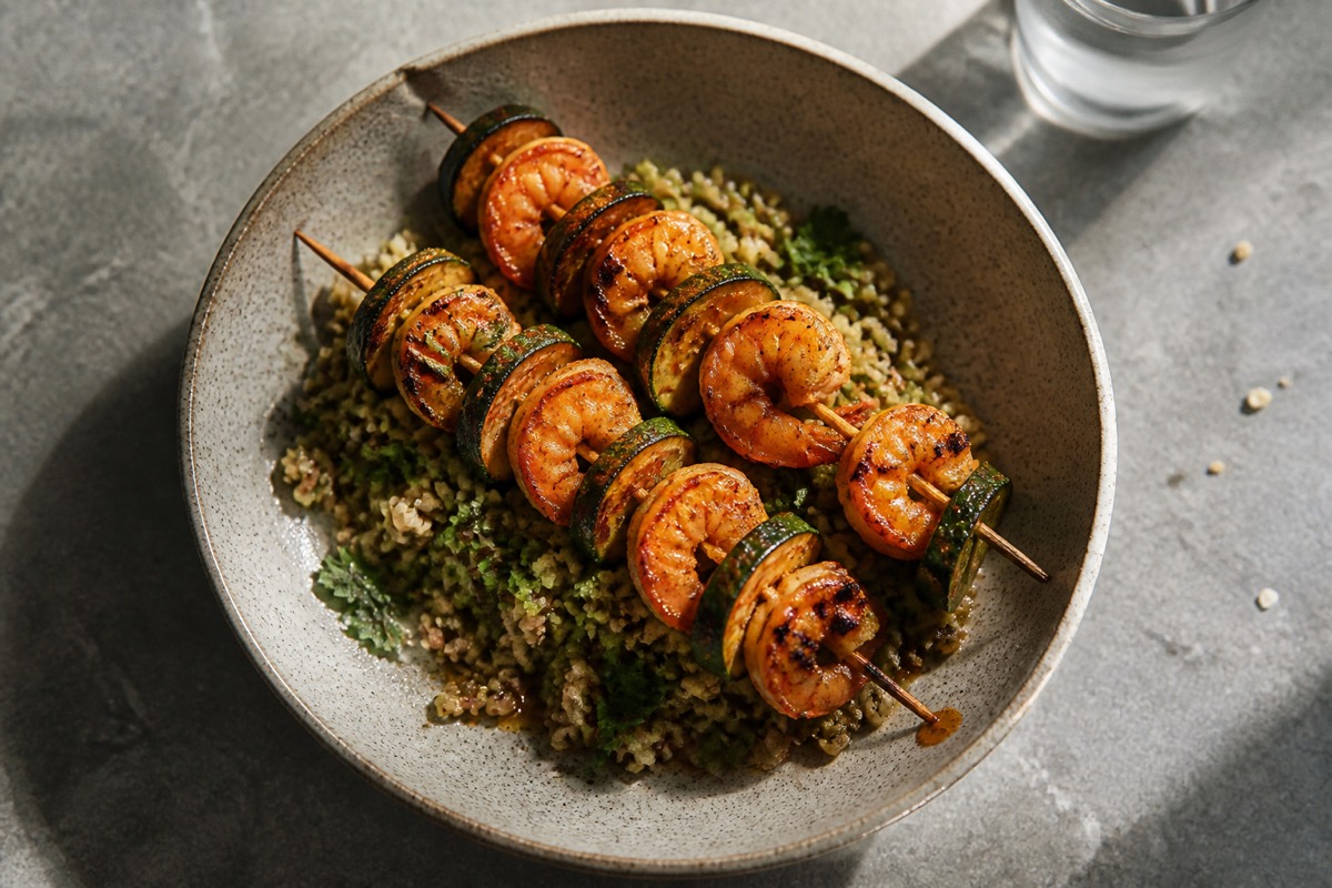 Harissa prawn & courgette skewers with freekeh