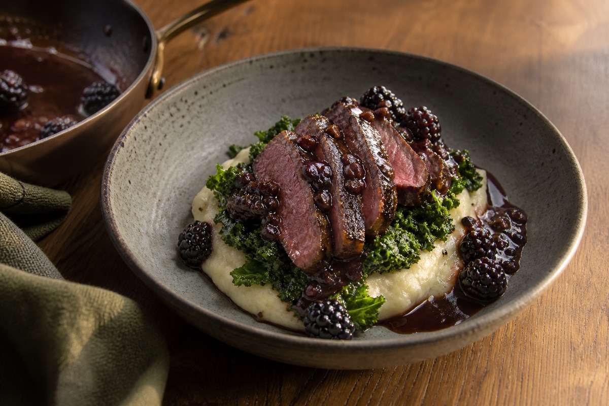 Venison steaks with blackberry sauce & greens