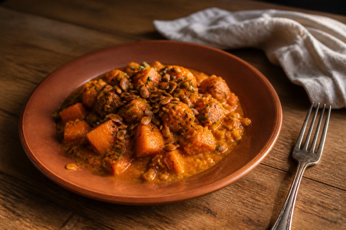 Pumpkin & peanut stew with crispy seeds