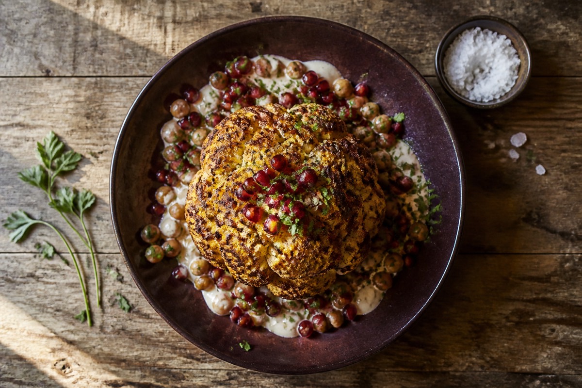 Whole roast cauliflower with tahini & pomegranate