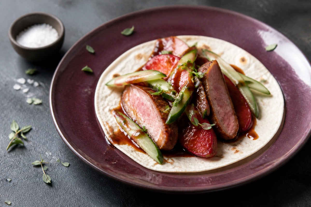 Quick hoisin duck with plum & cucumber pancakes