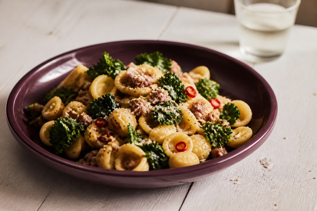 Orecchiette with sausage, kale & chilli