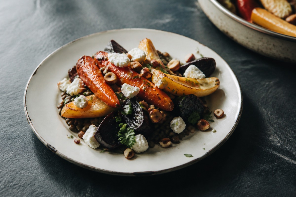 Warm roast root & Puy lentil salad with goat's cheese
