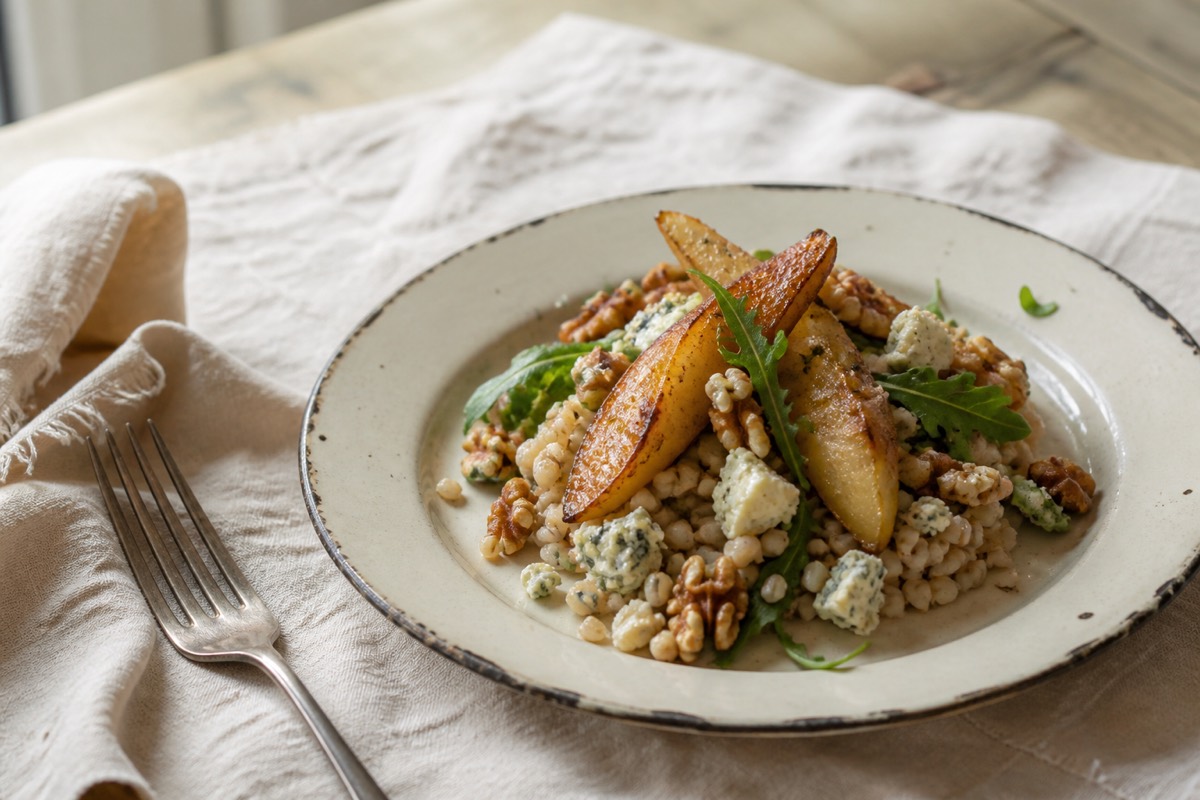 Pearl barley with roast pears, blue cheese & walnuts